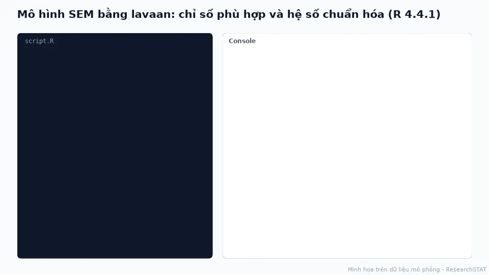 Ảnh động script lavaan và Console hiện chỉ số CFI, RMSEA và hệ số chuẩn hóa