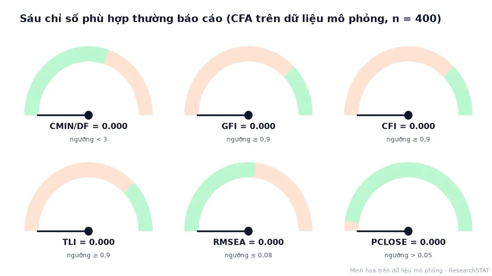 Ảnh động sáu đồng hồ đo CMIN/DF, GFI, CFI, TLI, RMSEA, PCLOSE với vùng đạt màu xanh